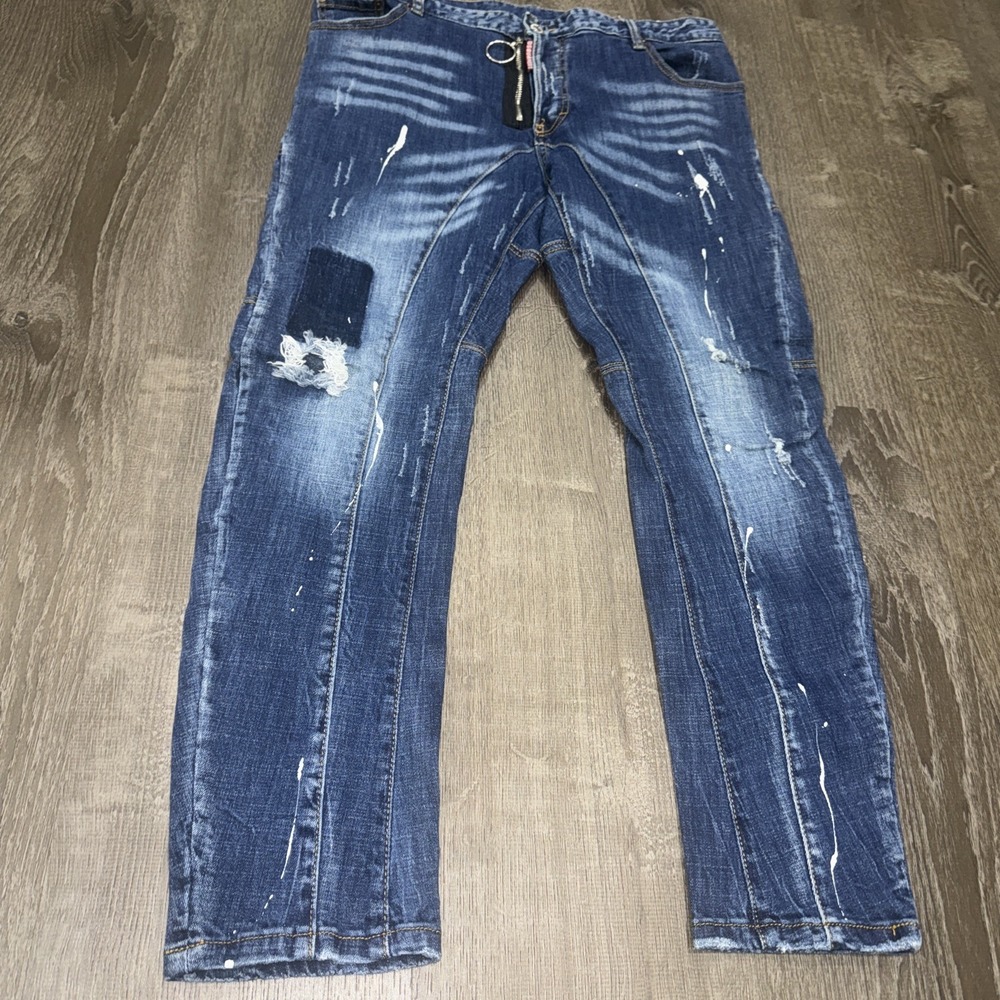 DSQUARED2 PAINT PATCH WORK BLUE DISTRESSED DENIM SLIM FIT JEANS MEN'S SIZE 35x28